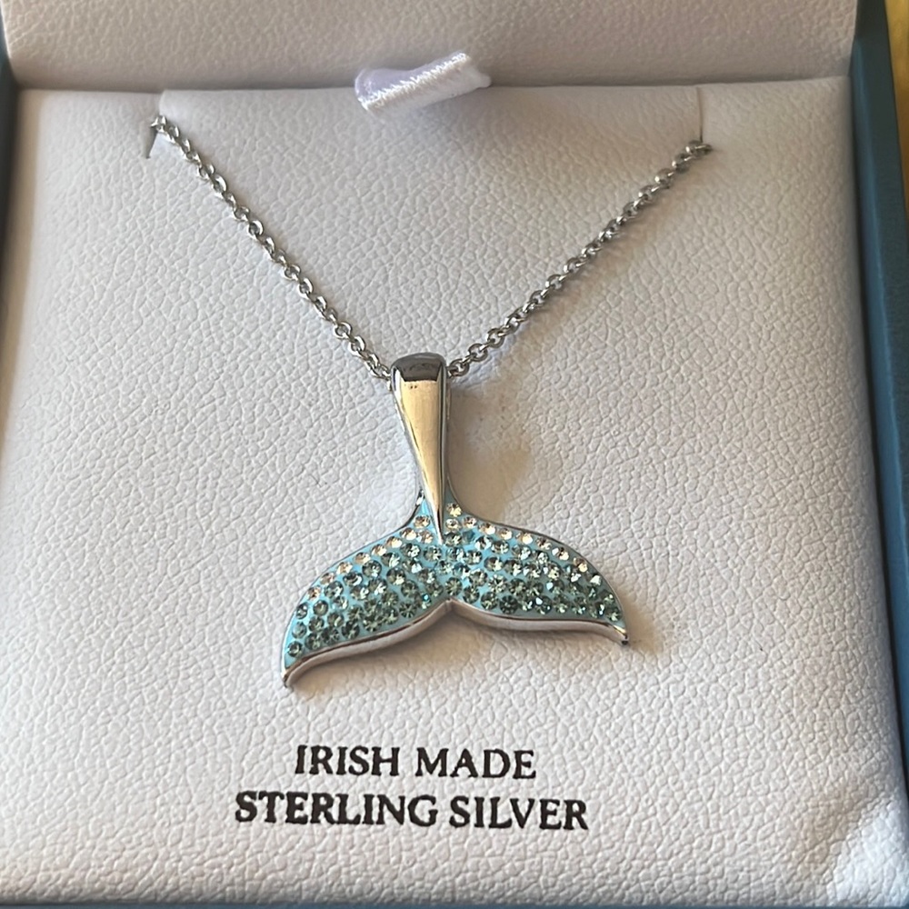 Ocean Jewelry Sterling Silver Blue Whale Tail Necklace w Crystals New Never Worn - Picture 2 of 4